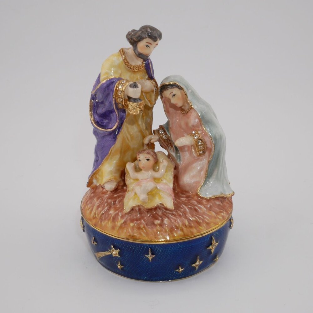 Cottage Garden Hand-Painted Nativity Scene Hinged Trinket Box Collectible